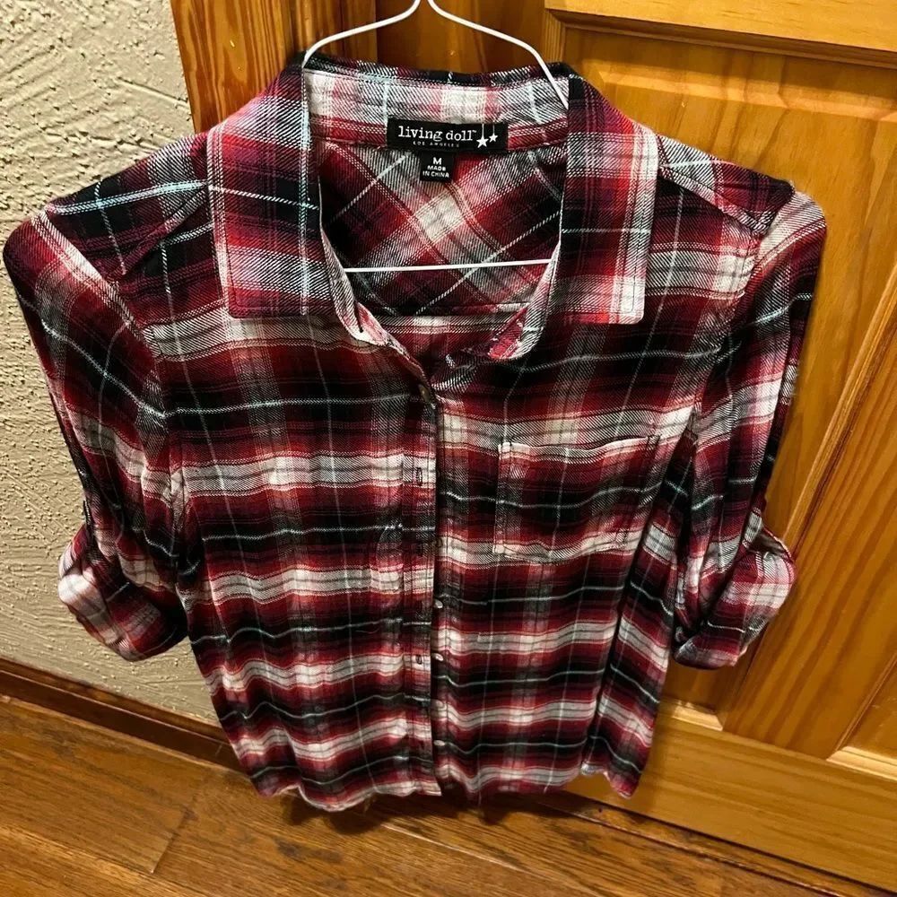 Living Doll size medium burgundy plaid button down shirt w/iridescent buttons